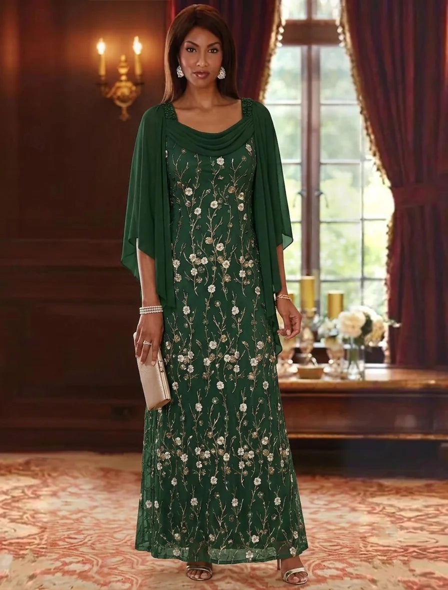 A-Line/Princess Cowl Neck Lace Embroidery Mother of the Bride Dresses Floral Ankle-Length Cape Sleeves