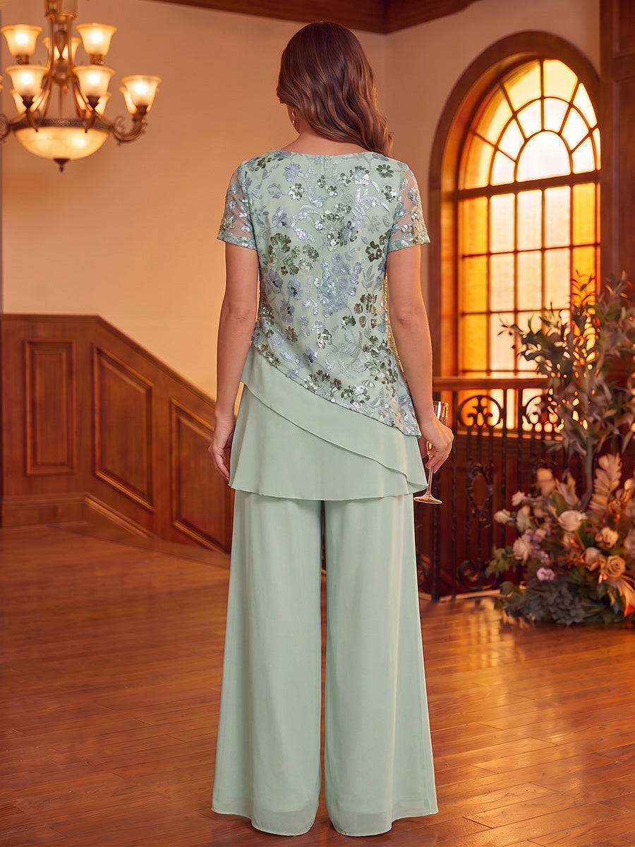 Pantsuit Scoop Chiffon Mother of the Bride Dresses Floral Floor-Length Short Sleeves