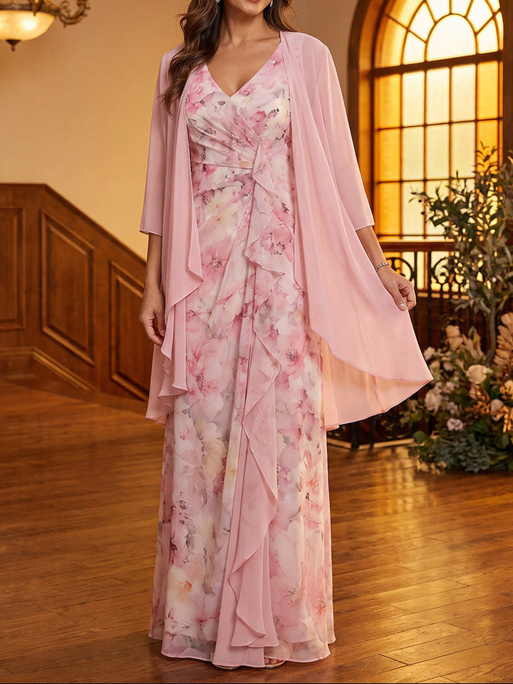 A-Line/Princess V-Neck Chiffon Mother of the Bride Dresses Floral Floor-Length 3/4 Sleeves with Jacket
