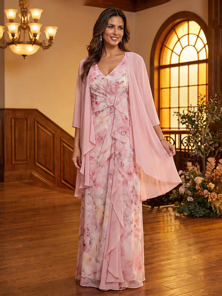 A-Line/Princess V-Neck Chiffon Mother of the Bride Dresses Floral Floor-Length 3/4 Sleeves with Jacket