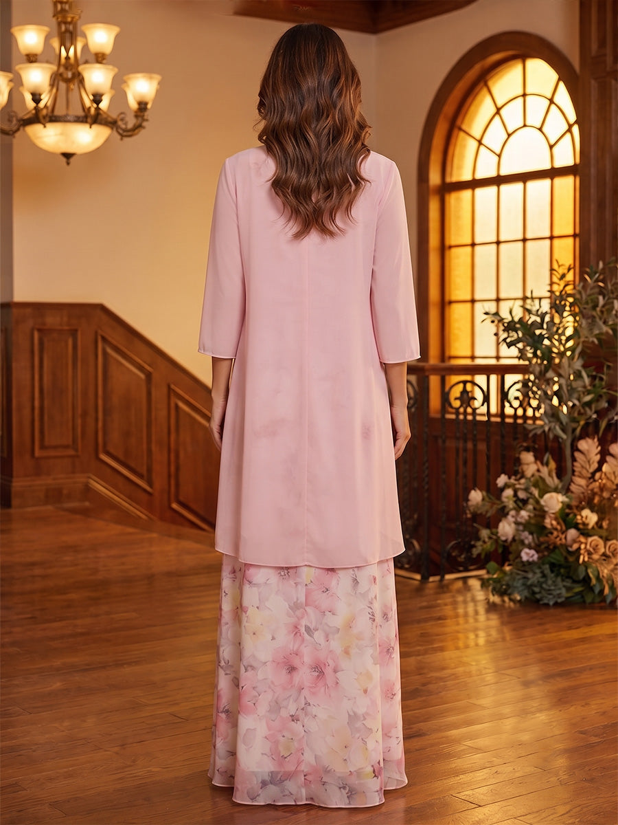 A-Line/Princess V-Neck Chiffon Mother of the Bride Dresses Floral Floor-Length 3/4 Sleeves with Jacket