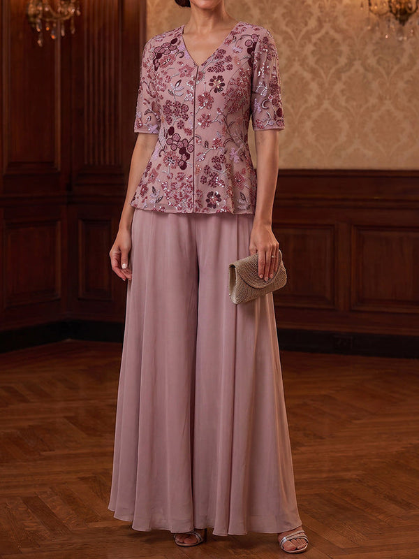A-Line/Princess V-Neck Chiffon Mother of the Bride Dresses Floor-Length Floral Sequin Short Sleeves