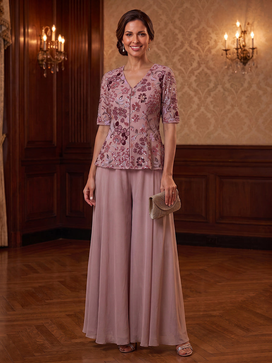 A-Line/Princess V-Neck Chiffon Mother of the Bride Dresses Floor-Length Floral Sequin Short Sleeves