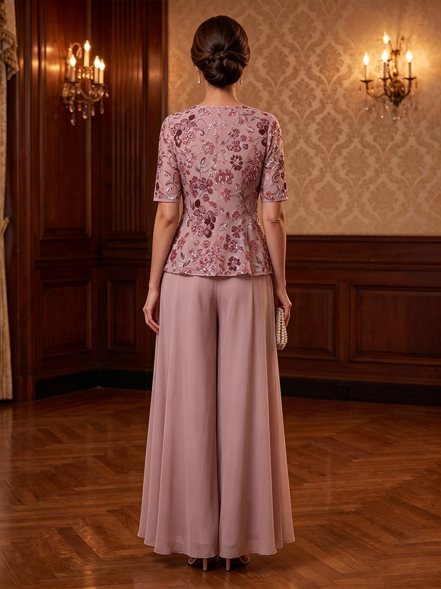 A-Line/Princess V-Neck Chiffon Mother of the Bride Dresses Floor-Length Floral Sequin Short Sleeves