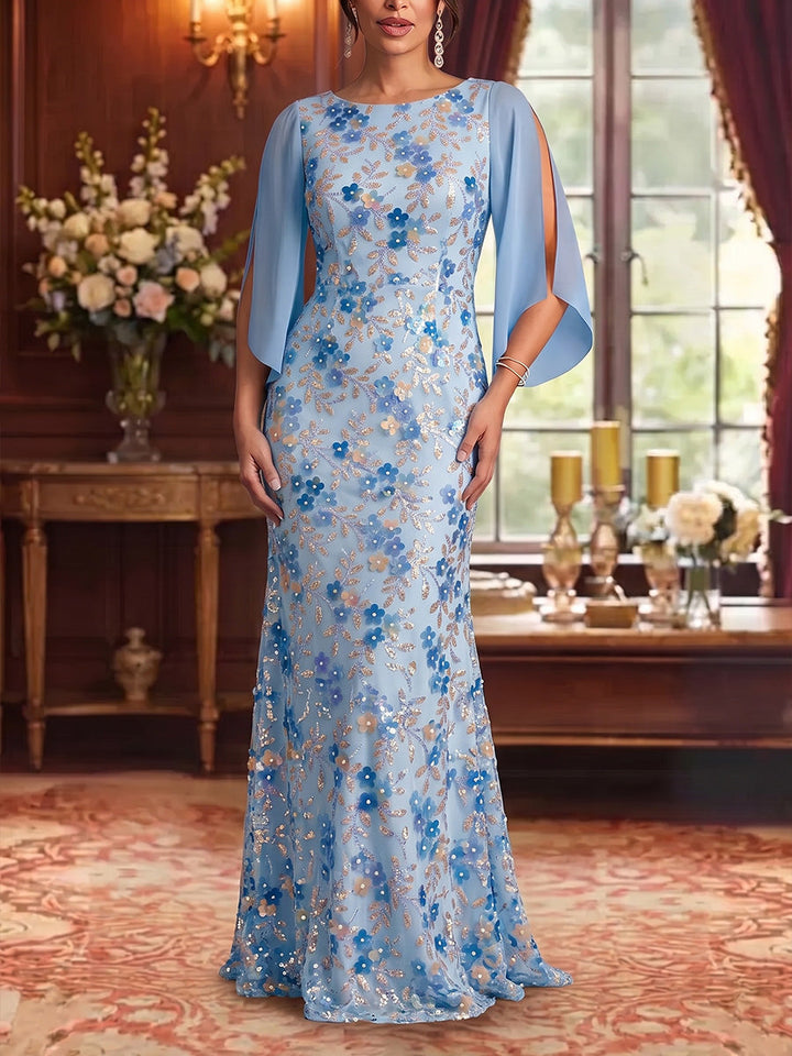 Sheath/Column Scoop Lace Floral Mother of the Bride Dresses Floor-Length 3/4 Sleeves