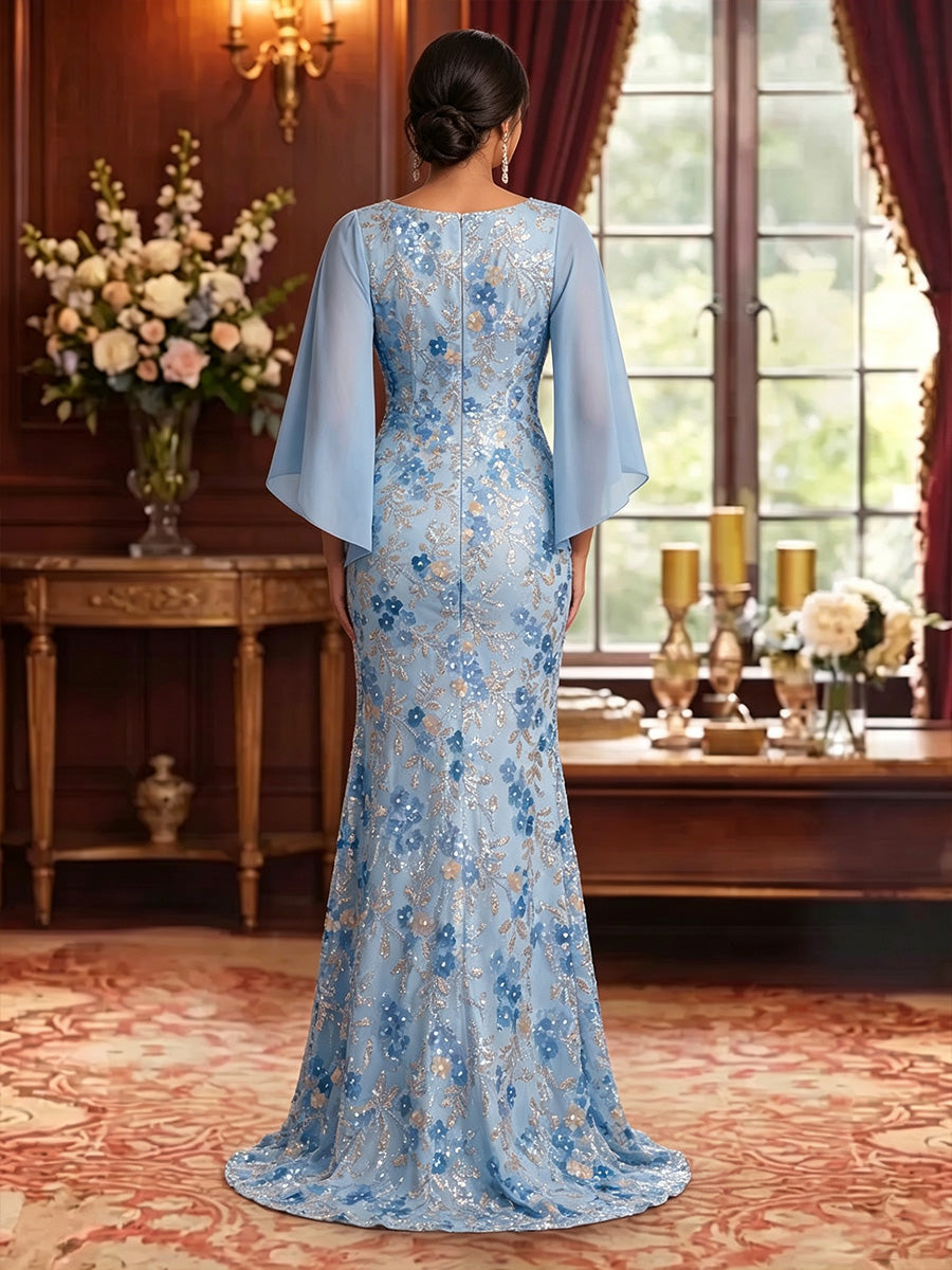 Sheath/Column Scoop Lace Floral Mother of the Bride Dresses Floor-Length 3/4 Sleeves