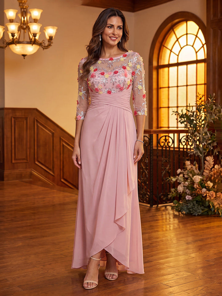 A-Line/Princess Scoop Chiffon Mother of the Bride Dresses Asymmetrical Floor-Length Floral 3/4 Sleeves