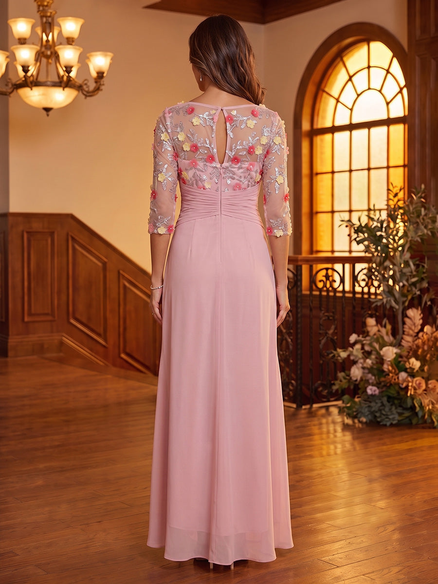 A-Line/Princess Scoop Chiffon Mother of the Bride Dresses Asymmetrical Floor-Length Floral 3/4 Sleeves