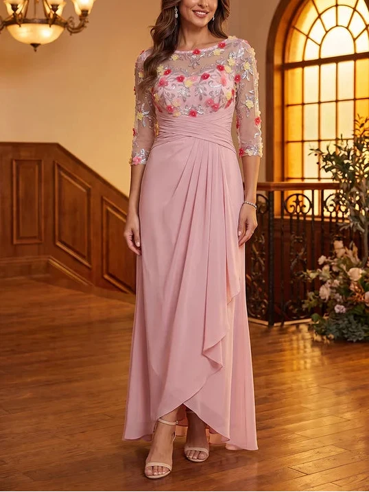 A-Line/Princess Scoop Chiffon Mother of the Bride Dresses Asymmetrical Floor-Length Floral 3/4 Sleeves
