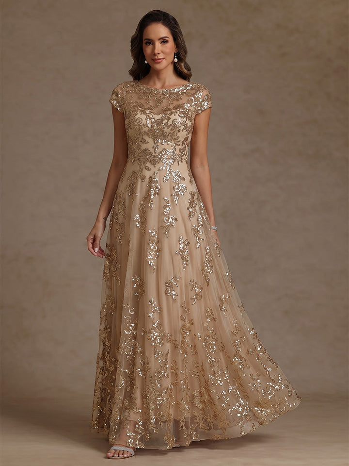 A-Line/Princess Scoop Sequins Mother of the Bride Dress Floor-Length Short Sleeves