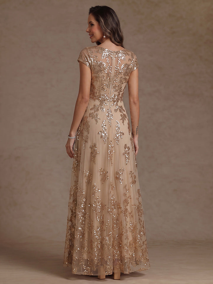 A-Line/Princess Scoop Sequins Mother of the Bride Dress Floor-Length Short Sleeves