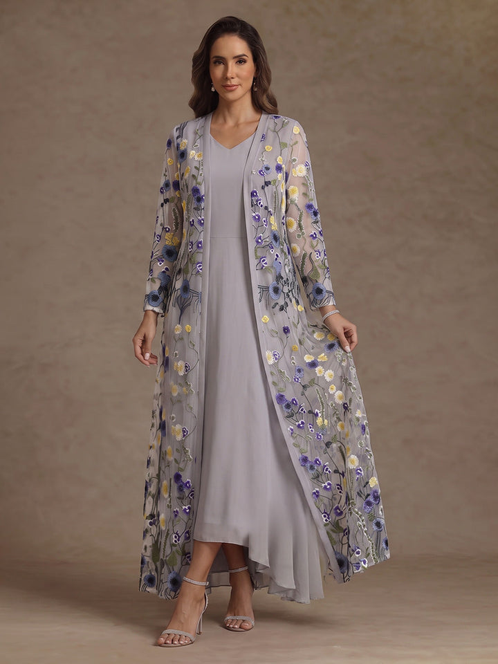 A-Line/Princess V-neck Chiffon Mother of the Bride Dress Tea-Length High-Low Long Sleeves with Jacket