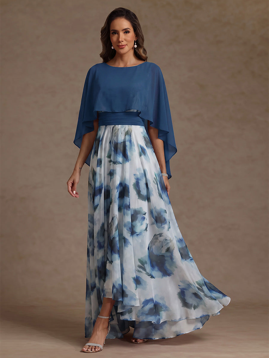 A-Line/Princess Scoop Floral Chiffon Mother of the Bride Dress Tea-Length High-Low Sleeveless with Wrap