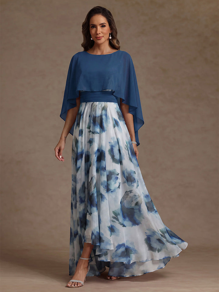 A-Line/Princess Scoop Floral Chiffon Mother of the Bride Dress Tea-Length High-Low Sleeveless with Wrap