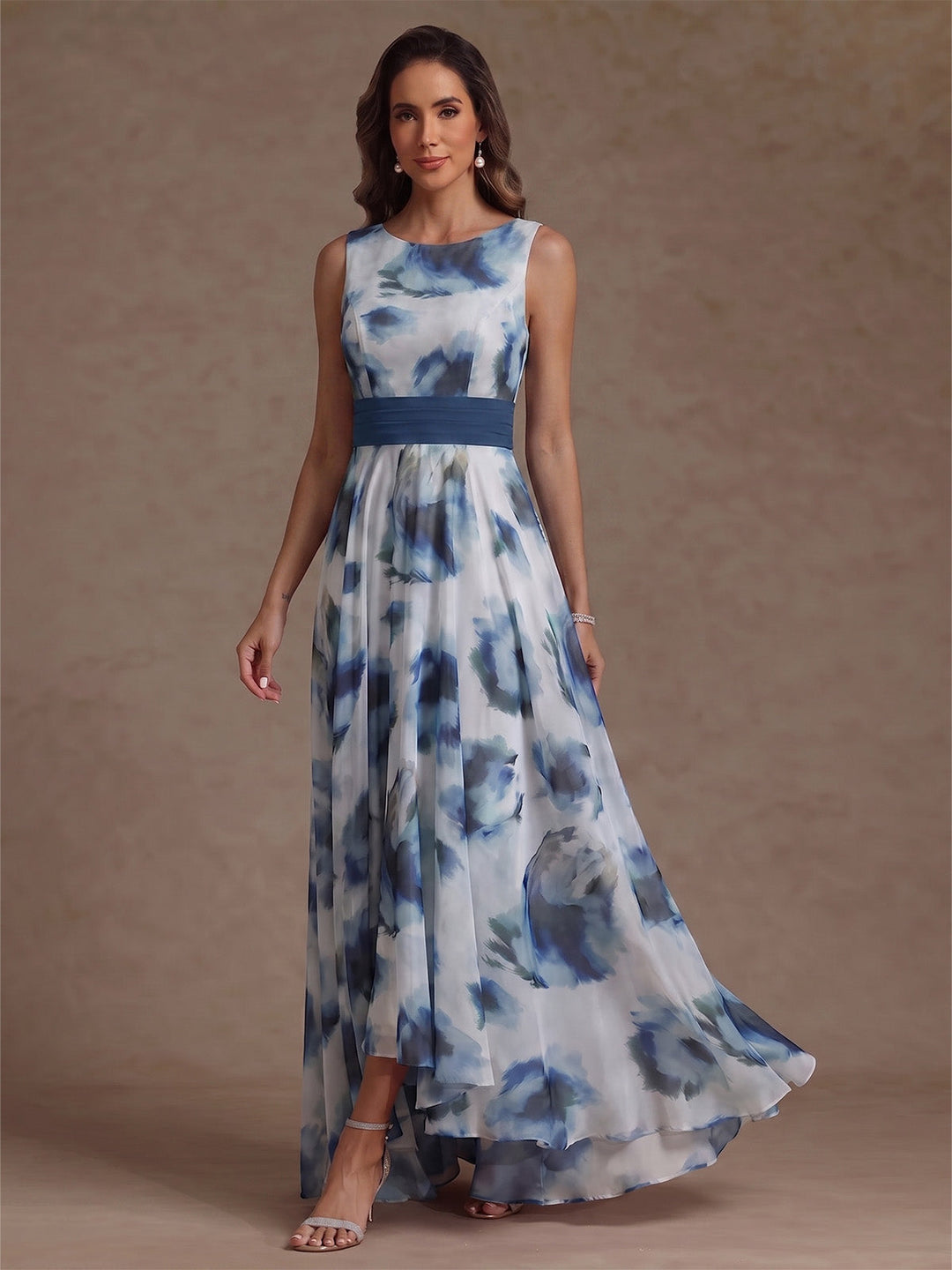 A-Line/Princess Scoop Floral Chiffon Mother of the Bride Dress Tea-Length High-Low Sleeveless with Wrap