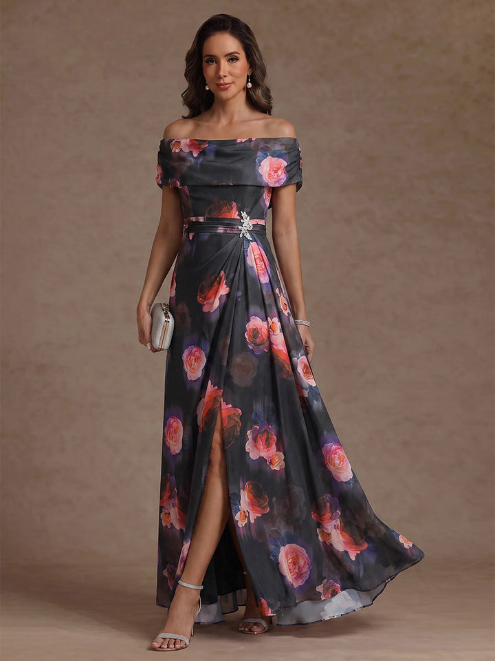A-Line/Princess Off-the-Shoulder Floral Chiffon Mother of the Bride Dress Ankle-Length Sleeveless with Split Side