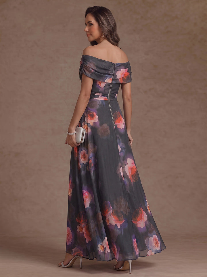 A-Line/Princess Off-the-Shoulder Floral Chiffon Mother of the Bride Dress Ankle-Length Sleeveless with Split Side