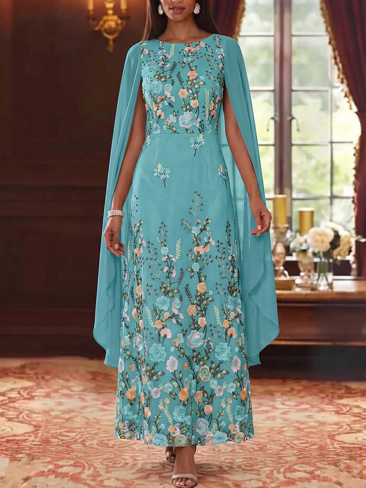 A-Line/Princess Scoop Chiffon Mother of the Bride Dresses Floral Ankle-Length Cape Sleeves