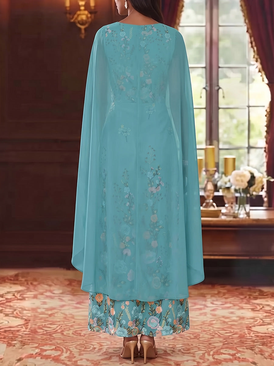 A-Line/Princess Scoop Chiffon Mother of the Bride Dresses Floral Ankle-Length Cape Sleeves