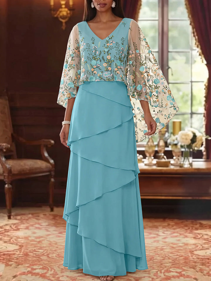A-Line/Princess V-Neck Chiffon Mother of the Bride Dresses Floral Floor-Length Cape Sleeves
