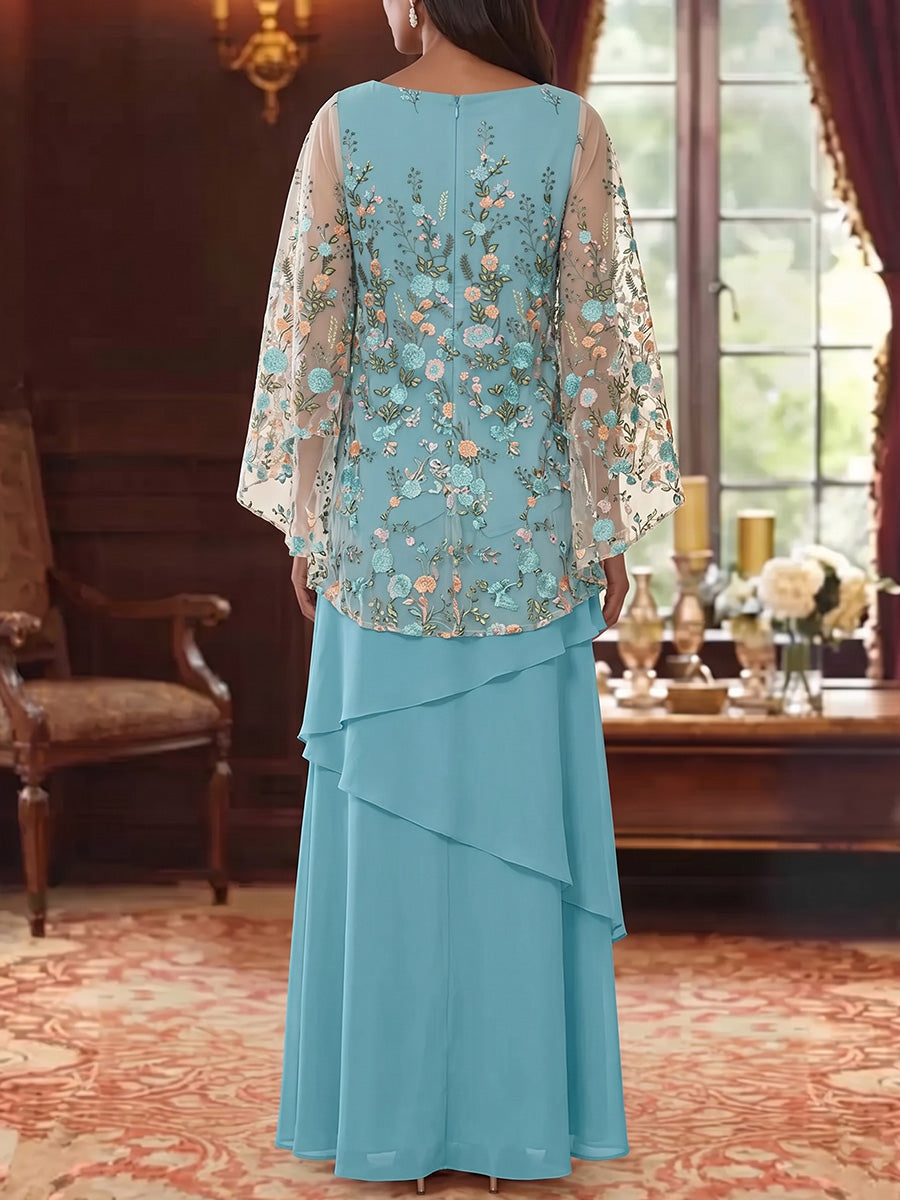 A-Line/Princess V-Neck Chiffon Mother of the Bride Dresses Floral Floor-Length Cape Sleeves