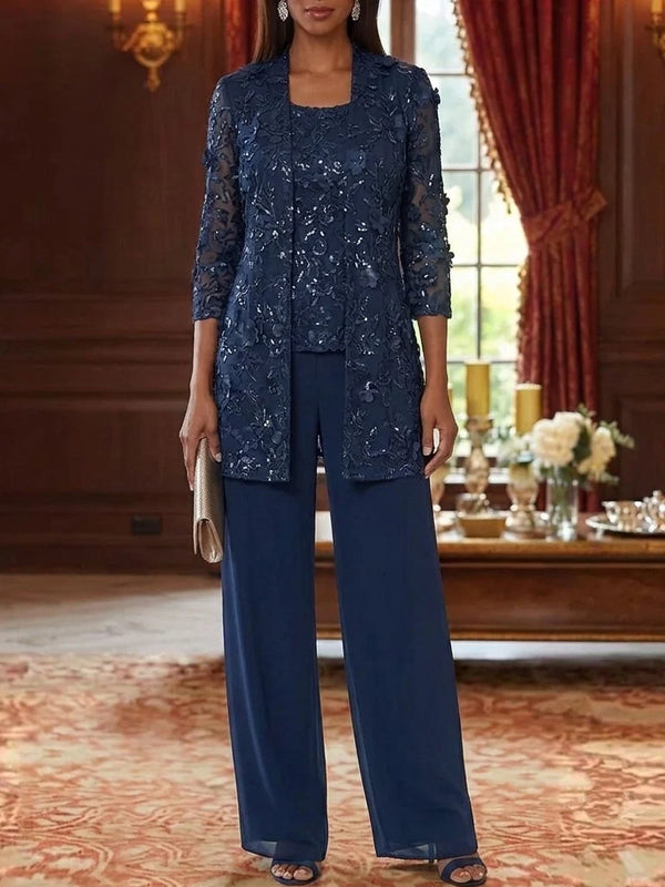 Pantsuit Scoop Mother of the Bride Dresses 3D Flowers Embroidery Ankle-Length 3/4 Sleeves with Jacket