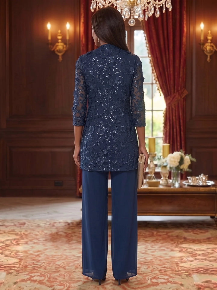 Pantsuit Scoop Mother of the Bride Dresses 3D Flowers Embroidery Ankle-Length 3/4 Sleeves with Jacket