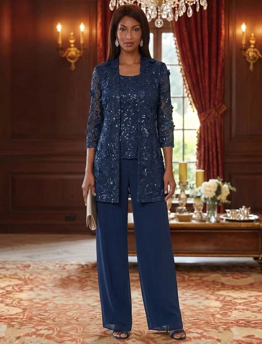 Pantsuit Scoop Mother of the Bride Dresses 3D Flowers Embroidery Ankle-Length 3/4 Sleeves with Jacket