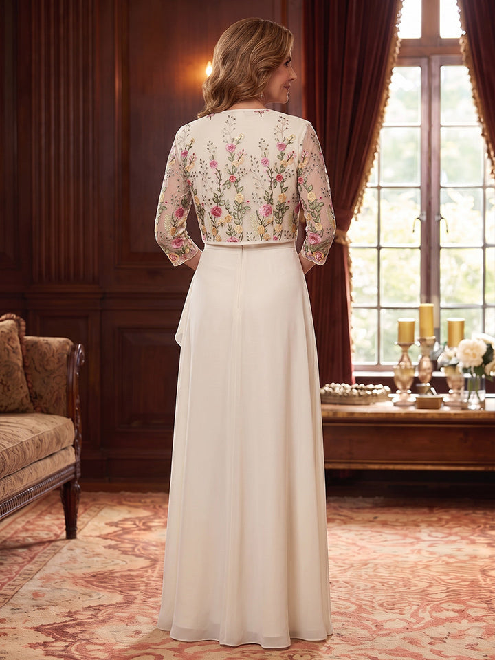 A-Line/Princess Scoop Chiffon Mother of the Bride Dresses Floral Floor-Length 3/4 Sleeves with Jacket