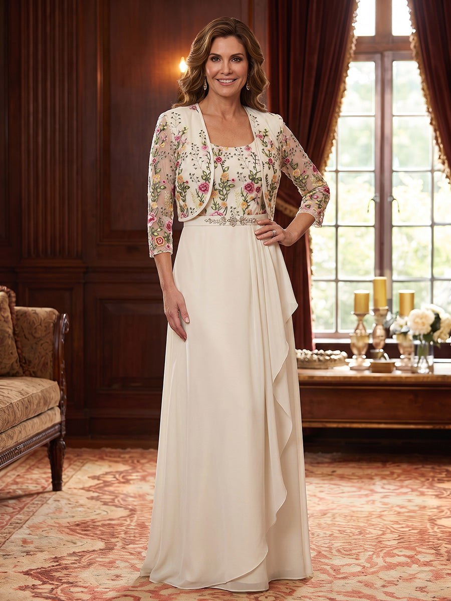 A-Line/Princess Scoop Chiffon Mother of the Bride Dresses Floral Floor-Length 3/4 Sleeves with Jacket