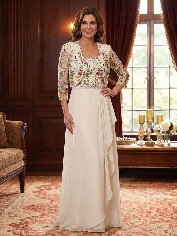 A-Line/Princess Scoop Chiffon Mother of the Bride Dresses Floral Floor-Length 3/4 Sleeves with Jacket