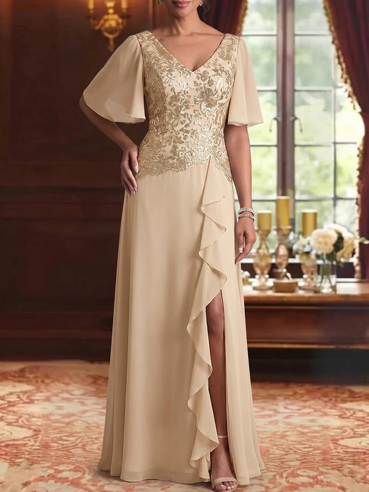 A-Line/Princess V-Neck Chiffon Mother of the Bride Dresses Floral Floor-Length Short Sleeves with Split Side