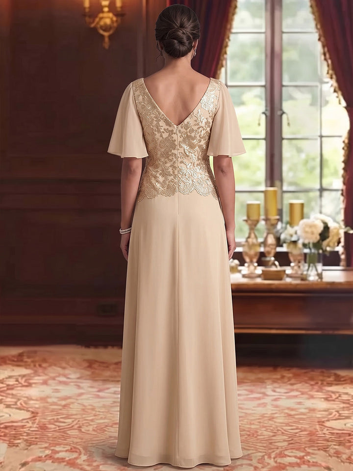 A-Line/Princess V-Neck Chiffon Mother of the Bride Dresses Floral Floor-Length Short Sleeves with Split Side