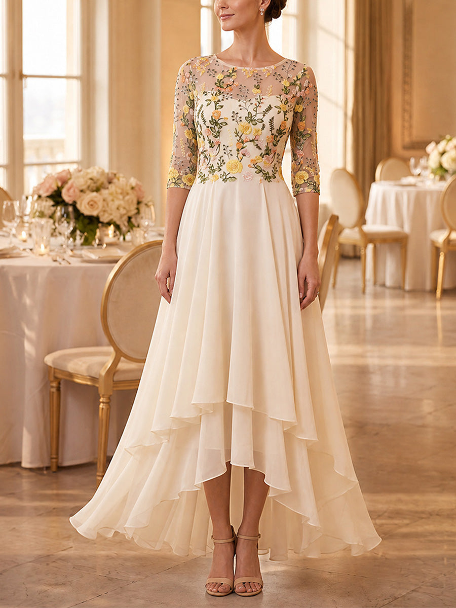 A-Line/Princess Scoop Chiffon Mother of the Bride Dresses Asymmetrical Ankle-Length Floral 3/4 Sleeves