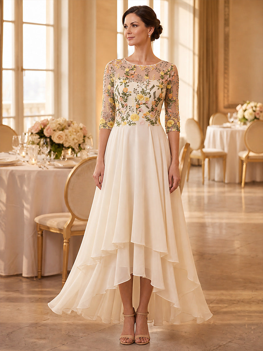 A-Line/Princess Scoop Chiffon Mother of the Bride Dresses Asymmetrical Ankle-Length Floral 3/4 Sleeves