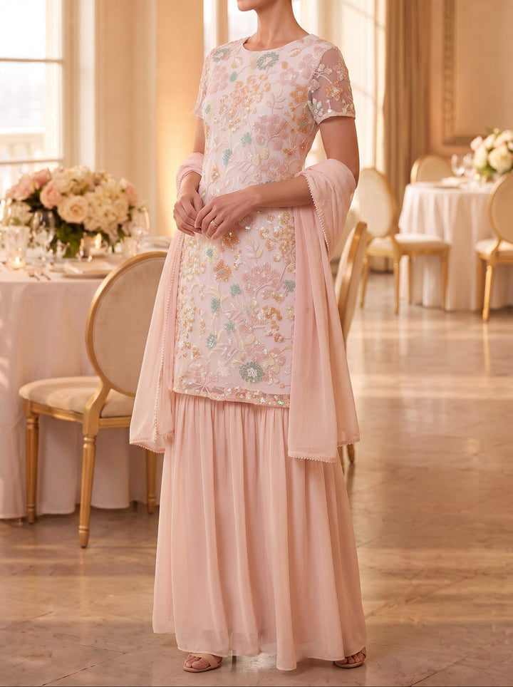 Pantsuit Scoop Chiffon Mother of the Bride Dresses Ankle-Length Floral Short Sleeves with Wrap
