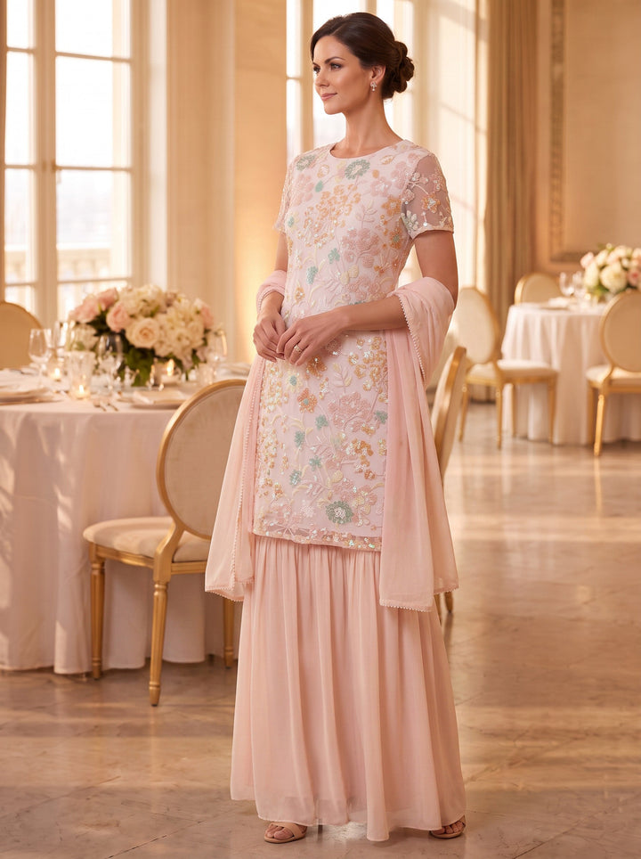 Pantsuit Scoop Chiffon Mother of the Bride Dresses Ankle-Length Floral Short Sleeves with Wrap