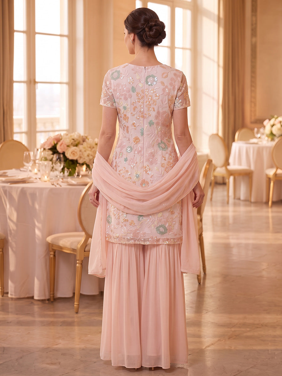 Pantsuit Scoop Chiffon Mother of the Bride Dresses Ankle-Length Floral Short Sleeves with Wrap