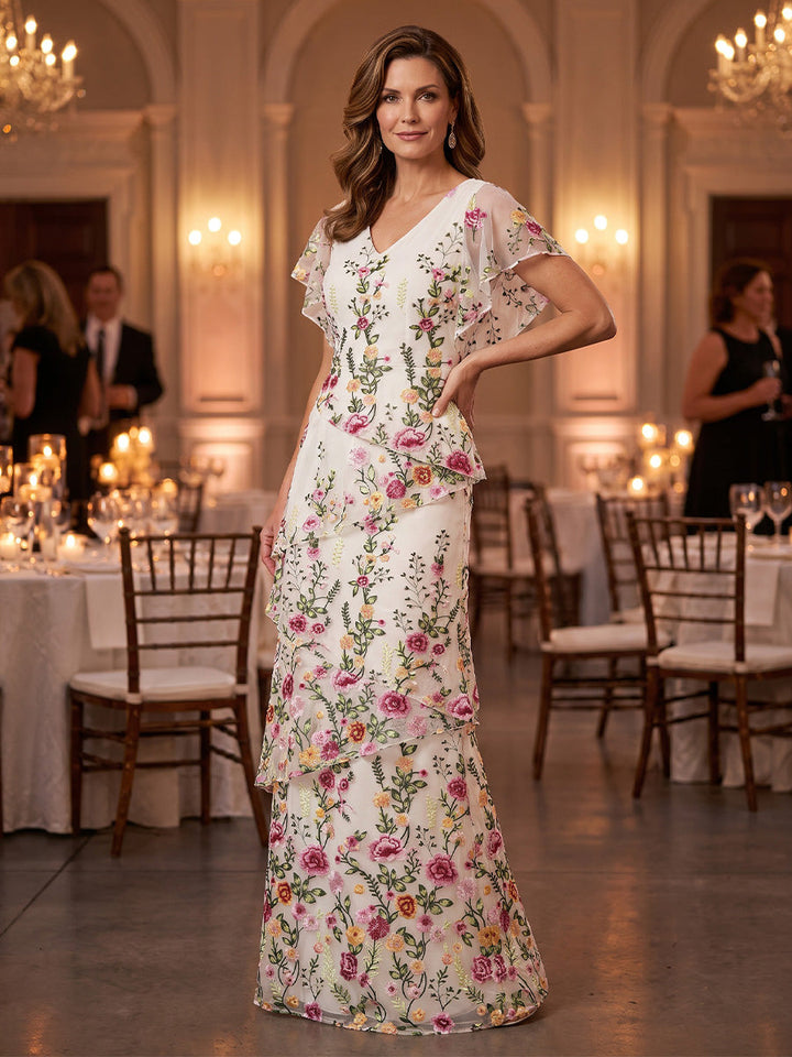 A-Line/Princess V-Neck Lace Embroidery Mother of the Bride Dresses Floor-Length Floral Cape Sleeves
