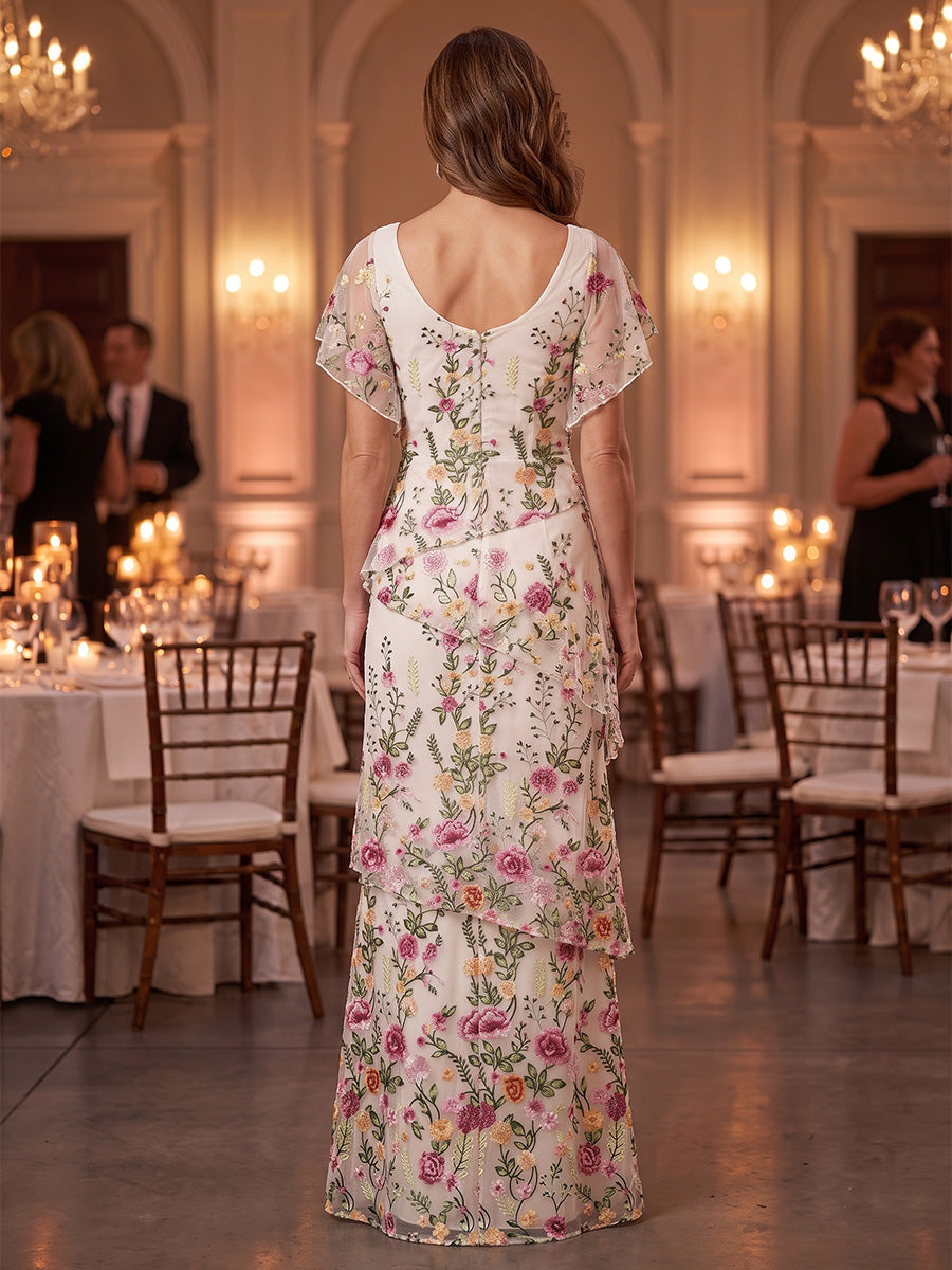 A-Line/Princess V-Neck Lace Embroidery Mother of the Bride Dresses Floor-Length Floral Cape Sleeves