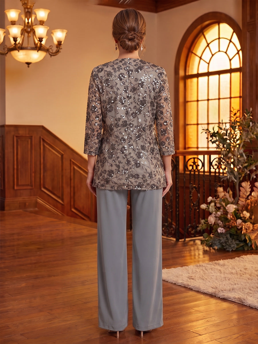 Pantsuit Scoop Chiffon Mother of the Bride Dresses Ankle-Length 3/4 Sleeves with Floral Jacket