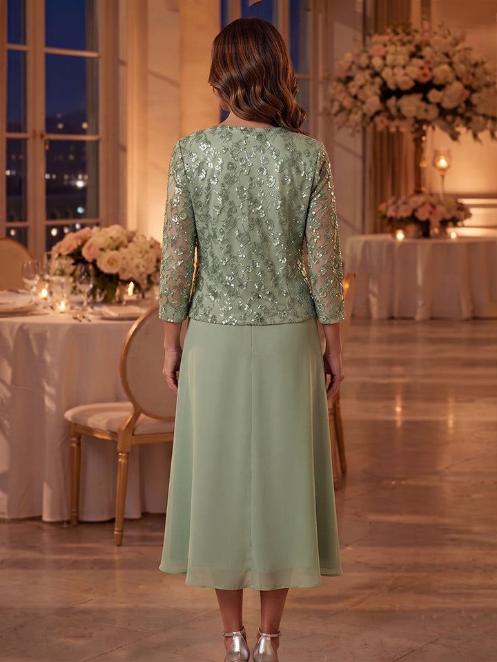A-Line/Princess 2 Pieces Scoop Chiffon Mother of the Bride Dresses Tea-Length 3/4 Sleeves with Sequin Jacket