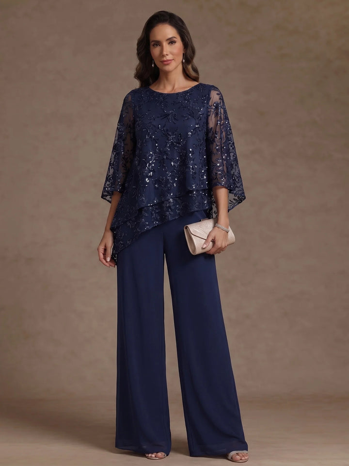 2 Pieces Scoop Chiffon Mother of the Bride Pantsuits Floral Sequins Floor-Length 3/4 Sleeves