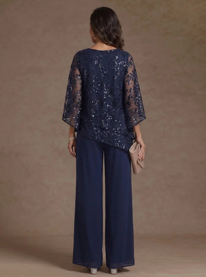 2 Pieces Scoop Chiffon Mother of the Bride Pantsuits Floral Sequins Floor-Length 3/4 Sleeves