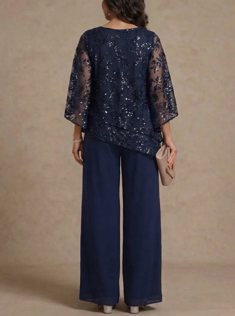 2 Pieces Scoop Chiffon Plus Size Mother of the Bride Pantsuits Floral Sequins Floor-Length 3/4 Sleeves