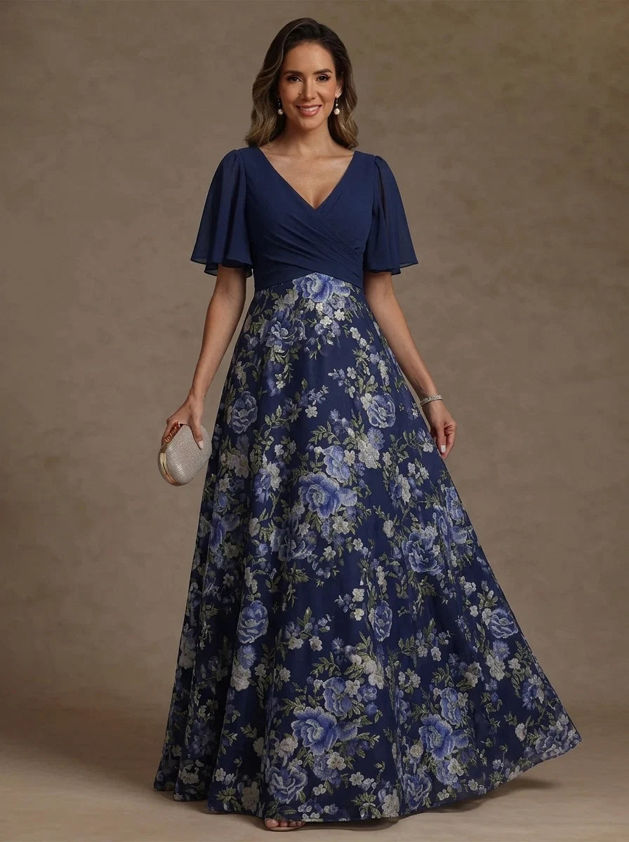 A-Line/Princess V-Neck Chiffon Mother of the Bride Dress Floor-Length Short Sleeves Floral