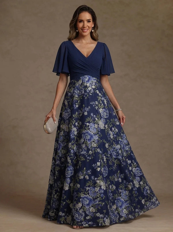 A-Line/Princess V-Neck Chiffon Mother of the Bride Dress Floor-Length Short Sleeves Floral