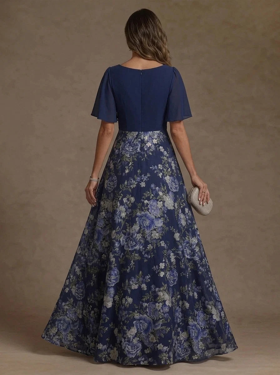A-Line/Princess V-Neck Chiffon Mother of the Bride Dress Floor-Length Short Sleeves Floral