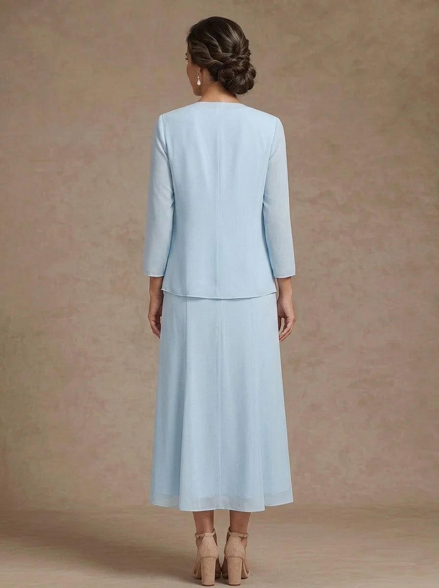 A-Line/Princess Scoop Chiffon Mother of the Bride Dresses with Jacket Tea-Length 3/4 Sleeves Floral Sequins