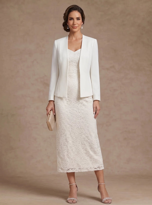 Sheath/Column Sweetheart Stretch Satin Mother of the Bride Dresses with Jacket Lace Long Sleeves Tea-Length